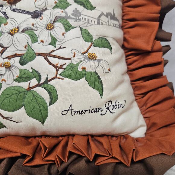 Vintage American Robin Throw Pillow with Brown Ruffle Trim - Picture 2 of 5